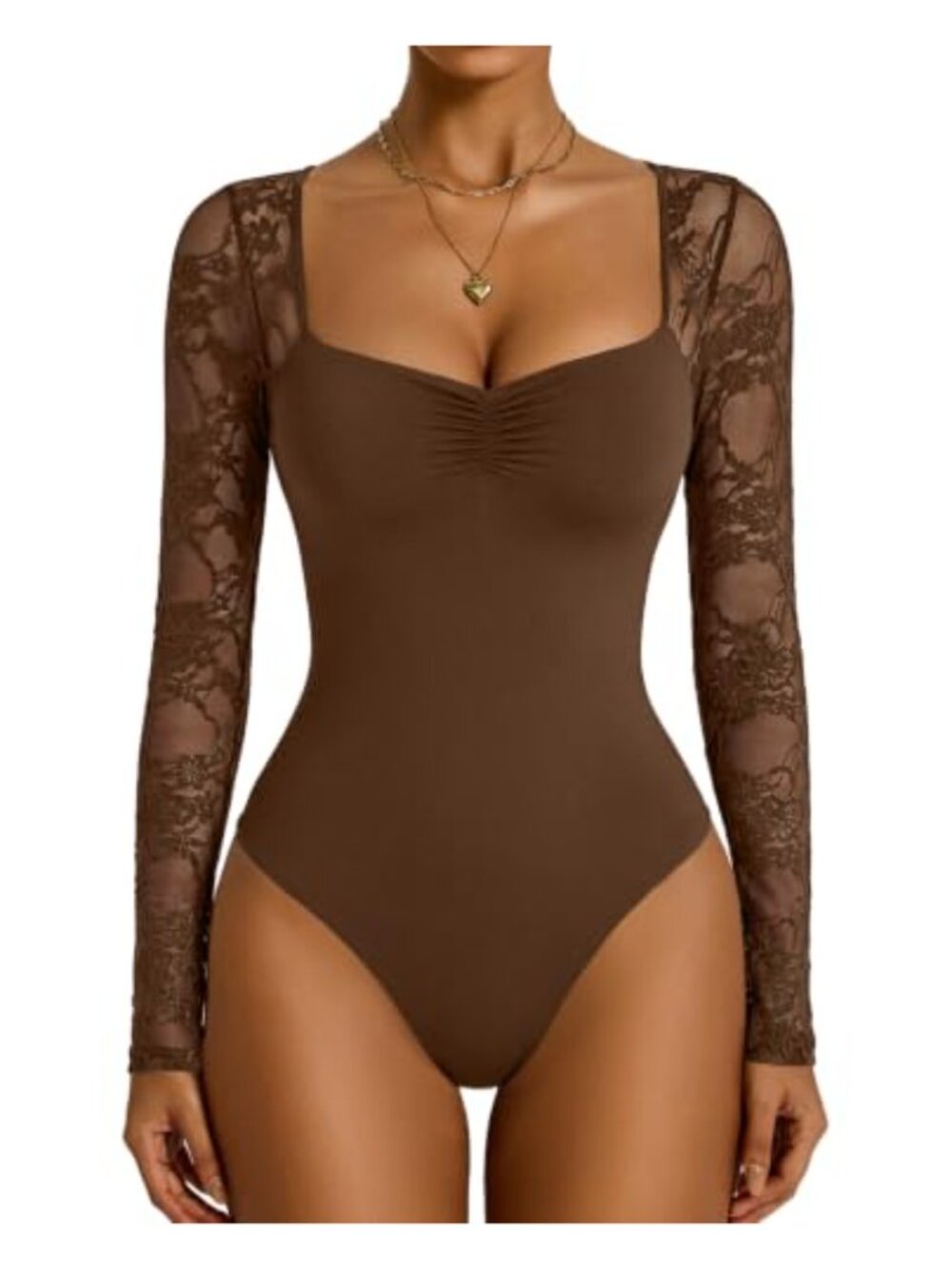 Lace Long Sleeve Bodysuit Sweetheart Neck Ruched Thong Snap
